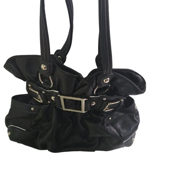 Wilson Leather Ellie V Cinched Black Leather Hobo Bag Silver Buckles 14"x10"x3" - Picture 2 of 8